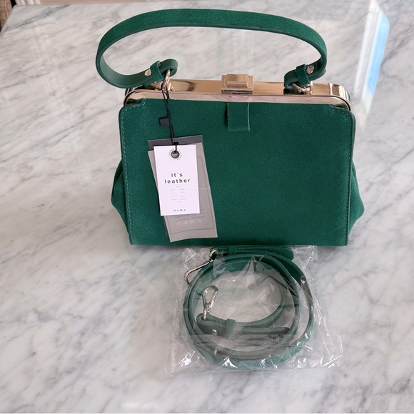 Zara Basic NWT Elegant Green Suede Snap Handbag with additional strap - Picture 3 of 7